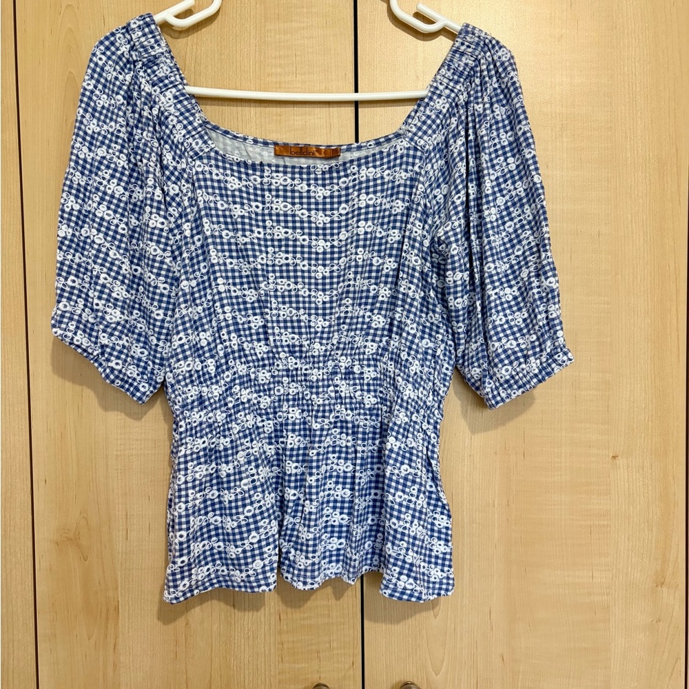 Belldini Blue Floral Smocked Peplum Top